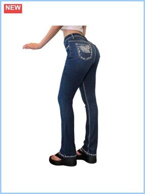 Women's Mid Rise Stretchy Flare Bootcut Jeans Embroidered Denim Pants